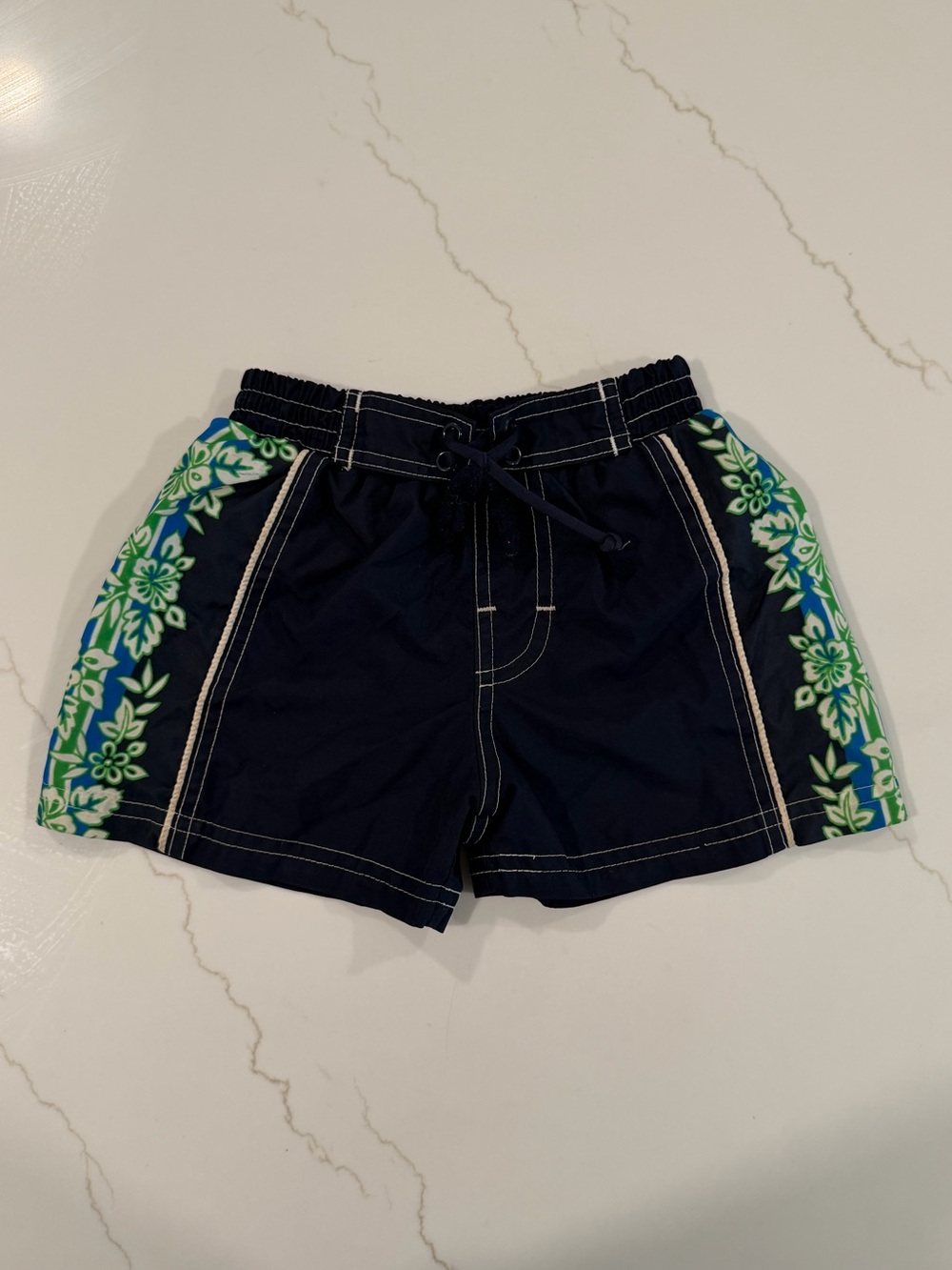 Navy Swim Shorts with Green Floral Side Panels